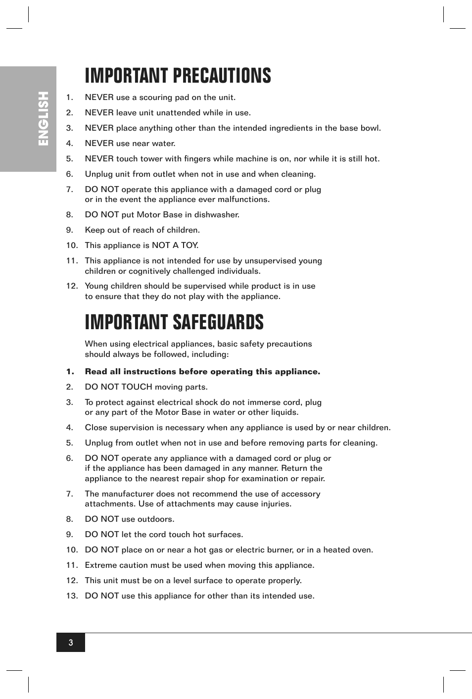 Important precautions, Important safeguards, English | Nostalgia Electrics CFF960 User Manual | Page 5 / 12