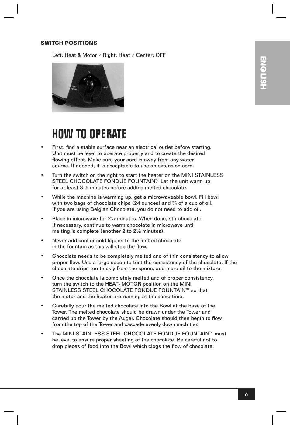 How to operate, English | Nostalgia Electrics CFF960 User Manual | Page 8 / 12