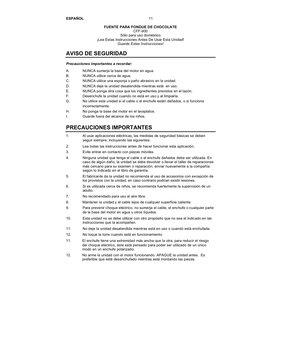 Aviso de seguridad, Precauciones importantes | Nostalgia Electrics CFF-950 User Manual | Page 12 / 18