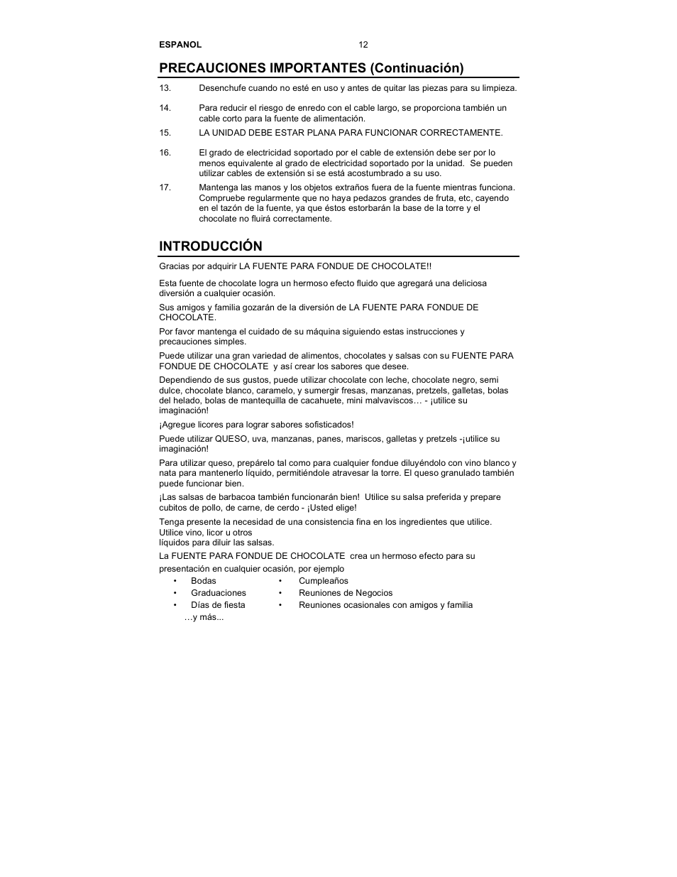 Precauciones importantes (continuación), Introducción | Nostalgia Electrics CFF-950 User Manual | Page 13 / 18