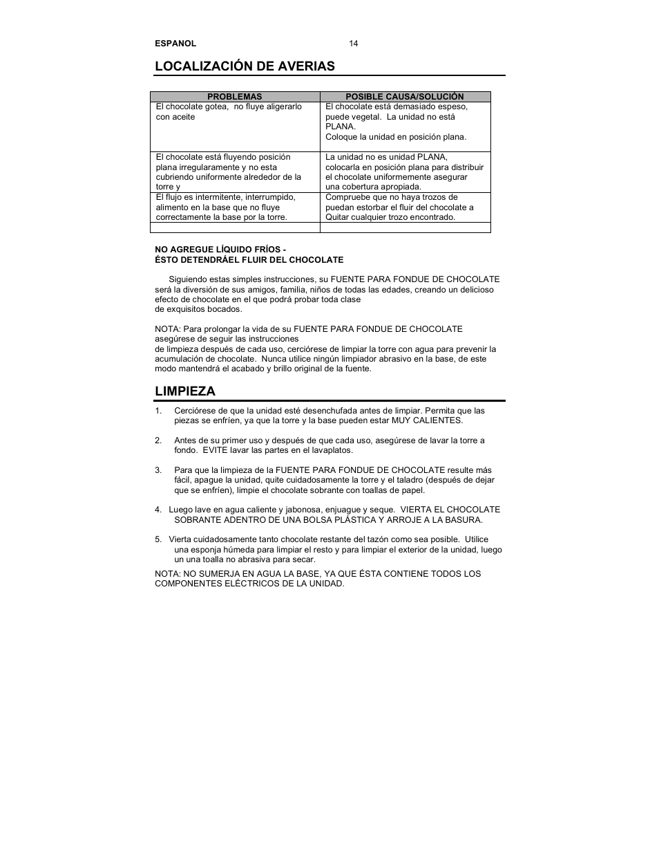 Localización de averias, Limpieza | Nostalgia Electrics CFF-950 User Manual | Page 15 / 18