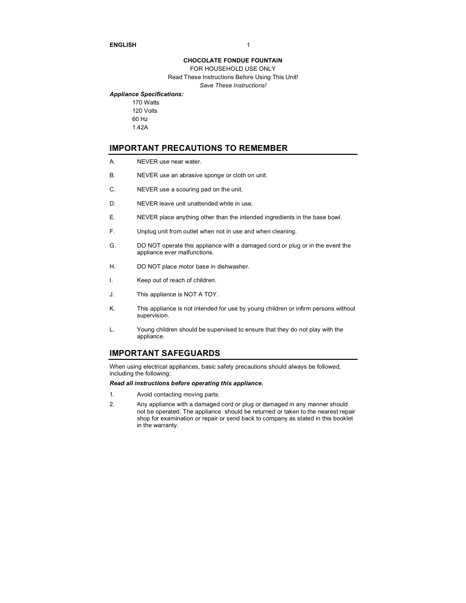 Important precautions to remember, Important safeguards | Nostalgia Electrics CFF-950 User Manual | Page 2 / 18