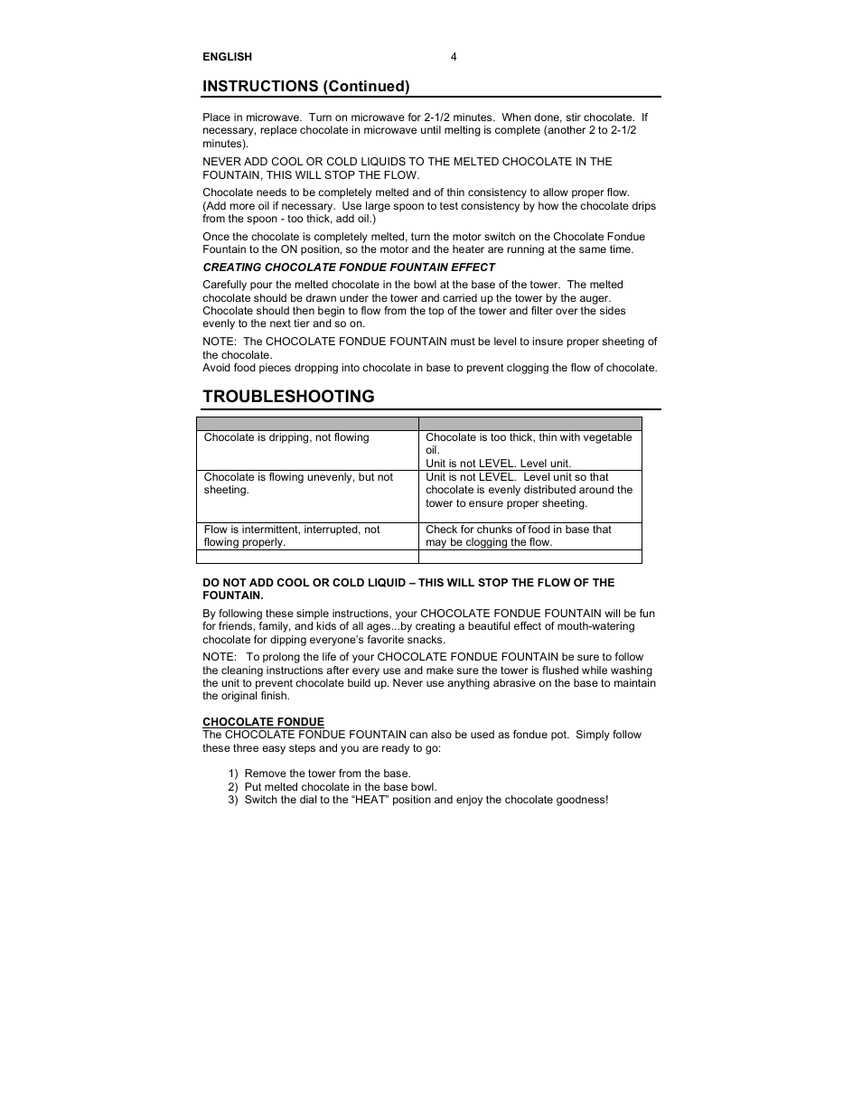 Troubleshooting, Instructions (continued) | Nostalgia Electrics CFF-950 User Manual | Page 5 / 18