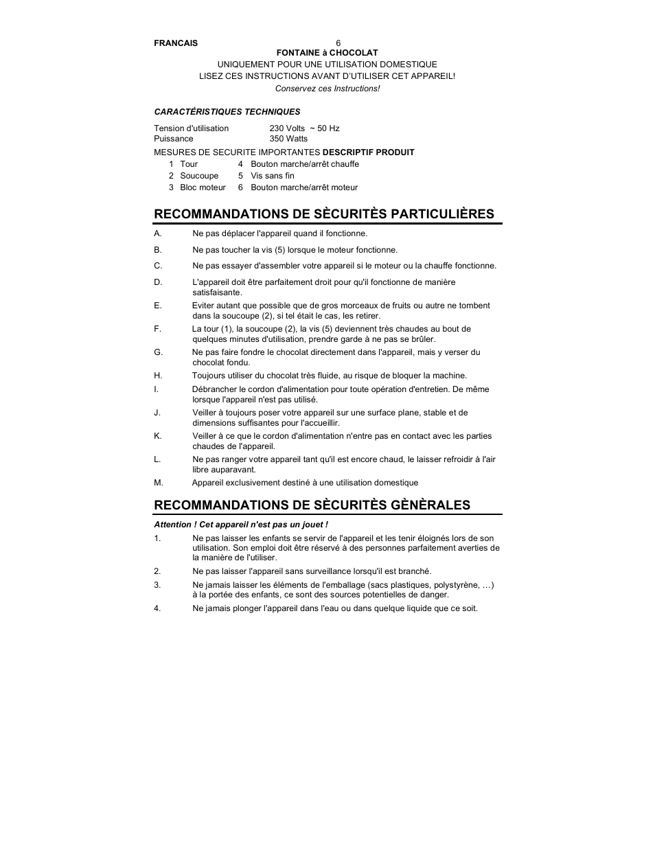 Recommandations de sècuritès particulières, Recommandations de sècuritès gènèrales | Nostalgia Electrics CFF-950 User Manual | Page 7 / 18