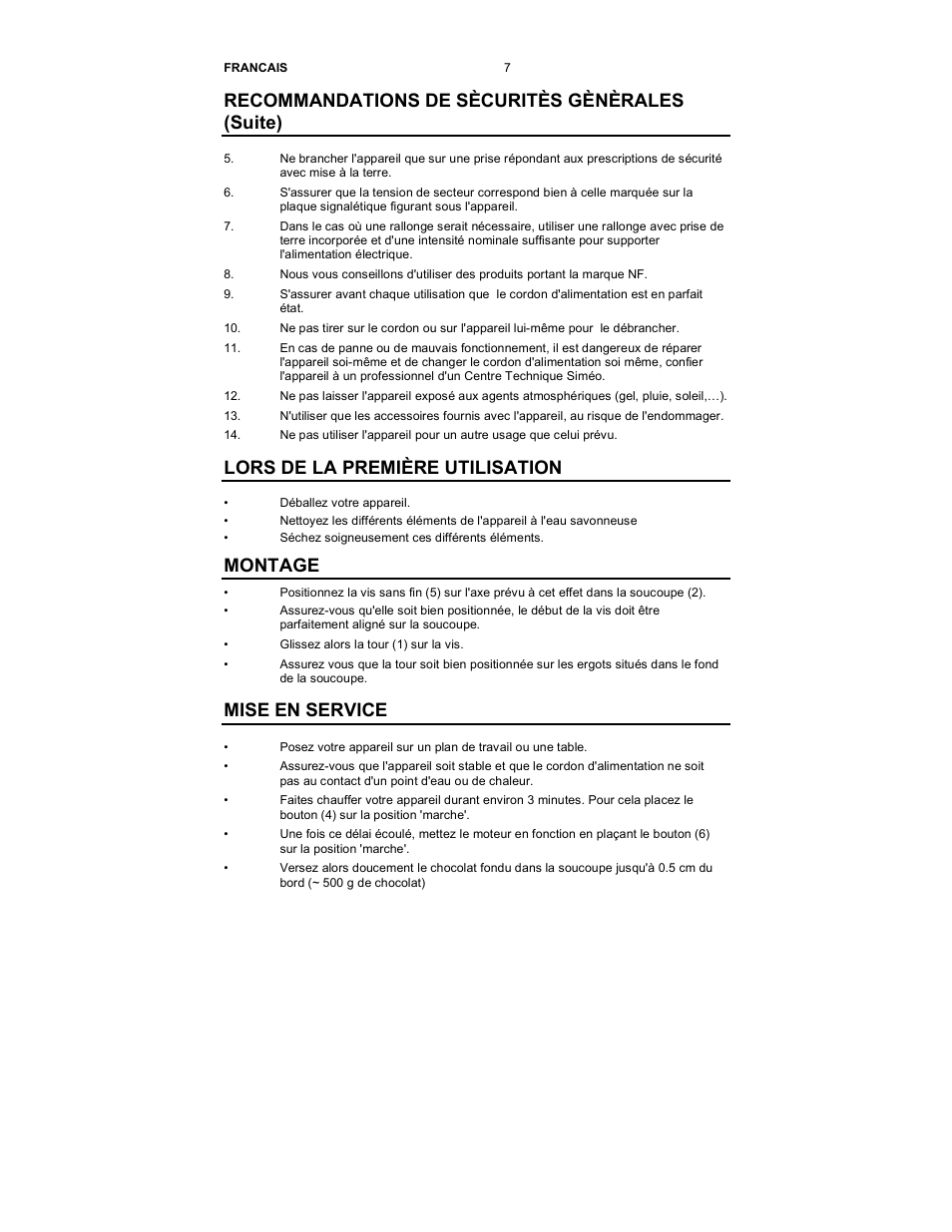 Recommandations de sècuritès gènèrales (suite), Lors de la première utilisation, Montage | Mise en service | Nostalgia Electrics CFF-950 User Manual | Page 8 / 18
