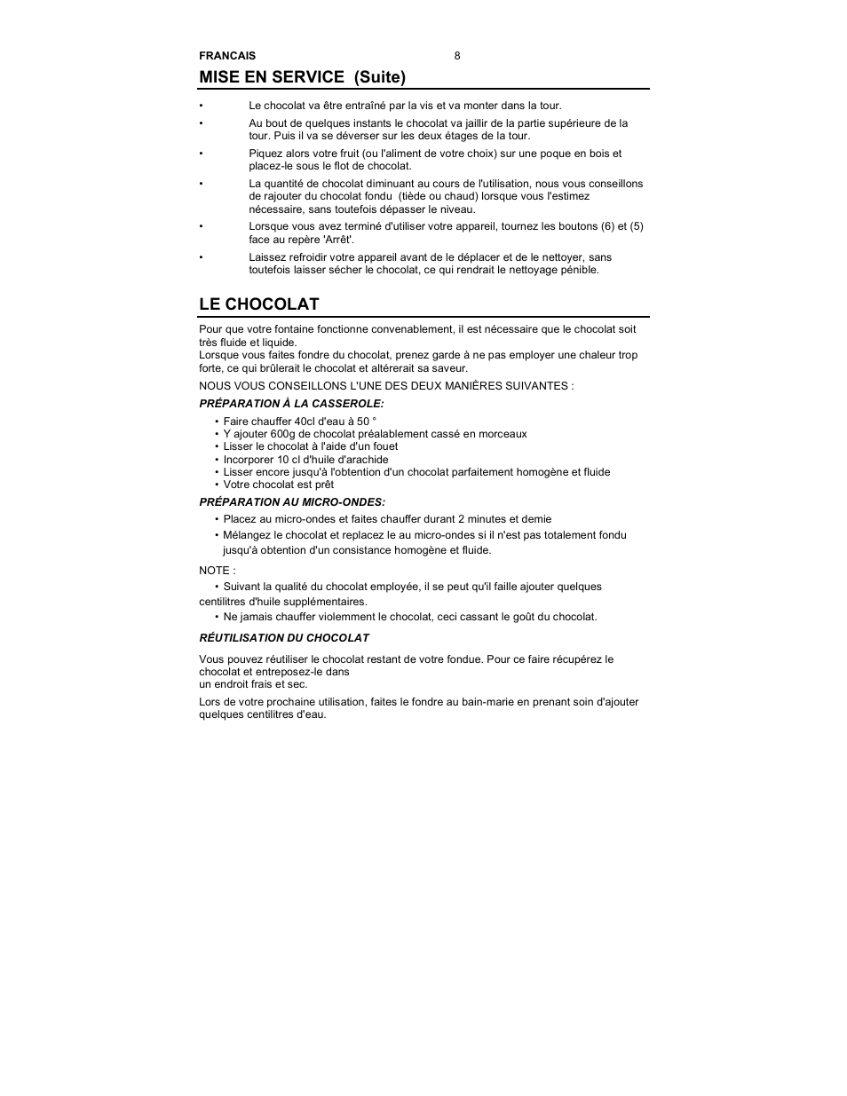 Mise en service (suite), Le chocolat | Nostalgia Electrics CFF-950 User Manual | Page 9 / 18