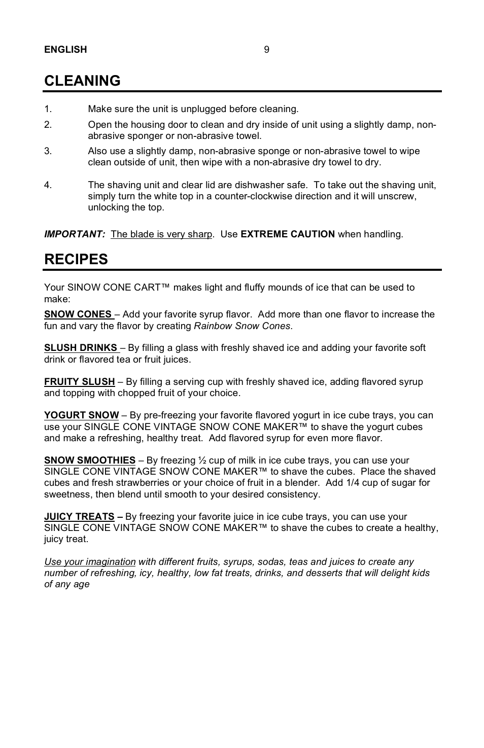 Cleaning, Recipes | Nostalgia Electrics SCC-200 User Manual | Page 10 / 12