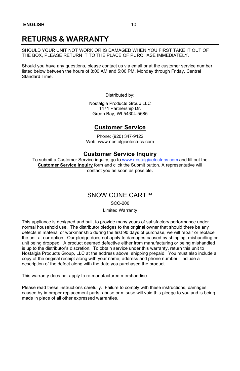 Returns & warranty, Snow cone cart | Nostalgia Electrics SCC-200 User Manual | Page 11 / 12
