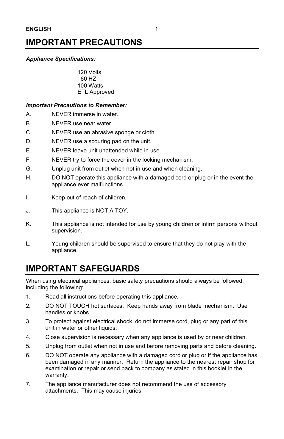 Important precautions, Important safeguards | Nostalgia Electrics SCC-200 User Manual | Page 2 / 12