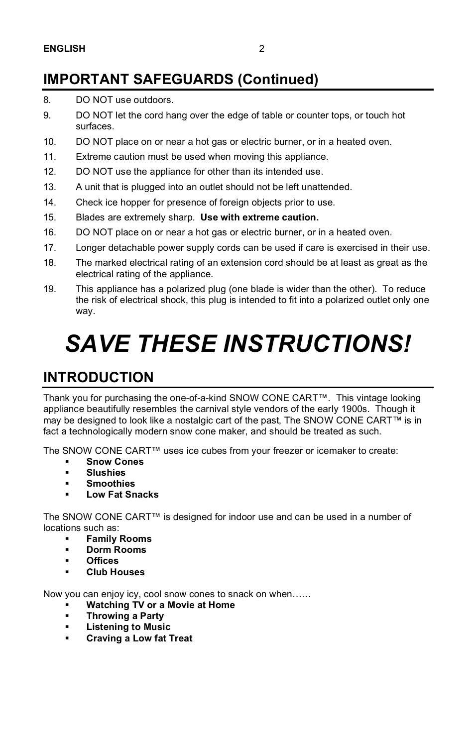 Save these instructions, Important safeguards (continued), Introduction | Nostalgia Electrics SCC-200 User Manual | Page 3 / 12