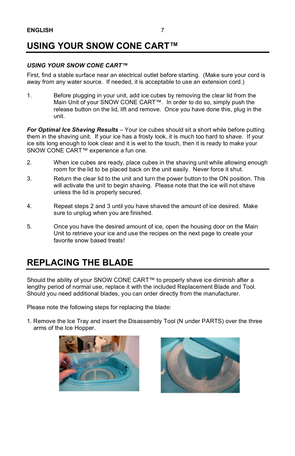 Using your snow cone cart, Replacing the blade | Nostalgia Electrics SCC-200 User Manual | Page 8 / 12