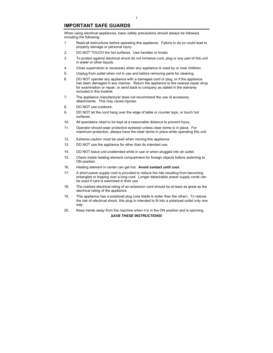 Important safe guards | Nostalgia Electrics CCM-527 User Manual | Page 2 / 8