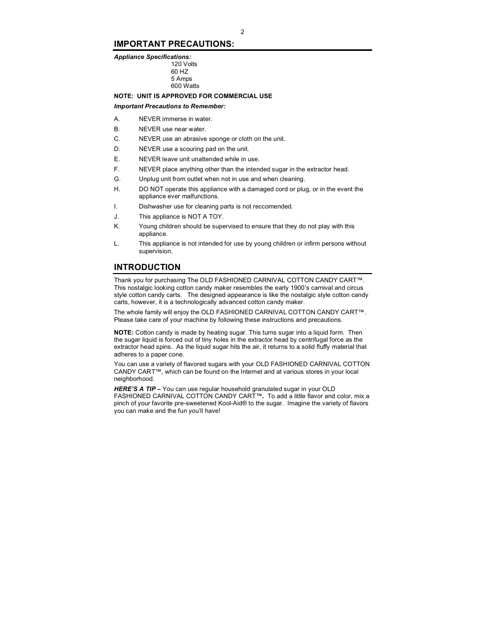 Important precautions, Introduction | Nostalgia Electrics CCM-527 User Manual | Page 3 / 8