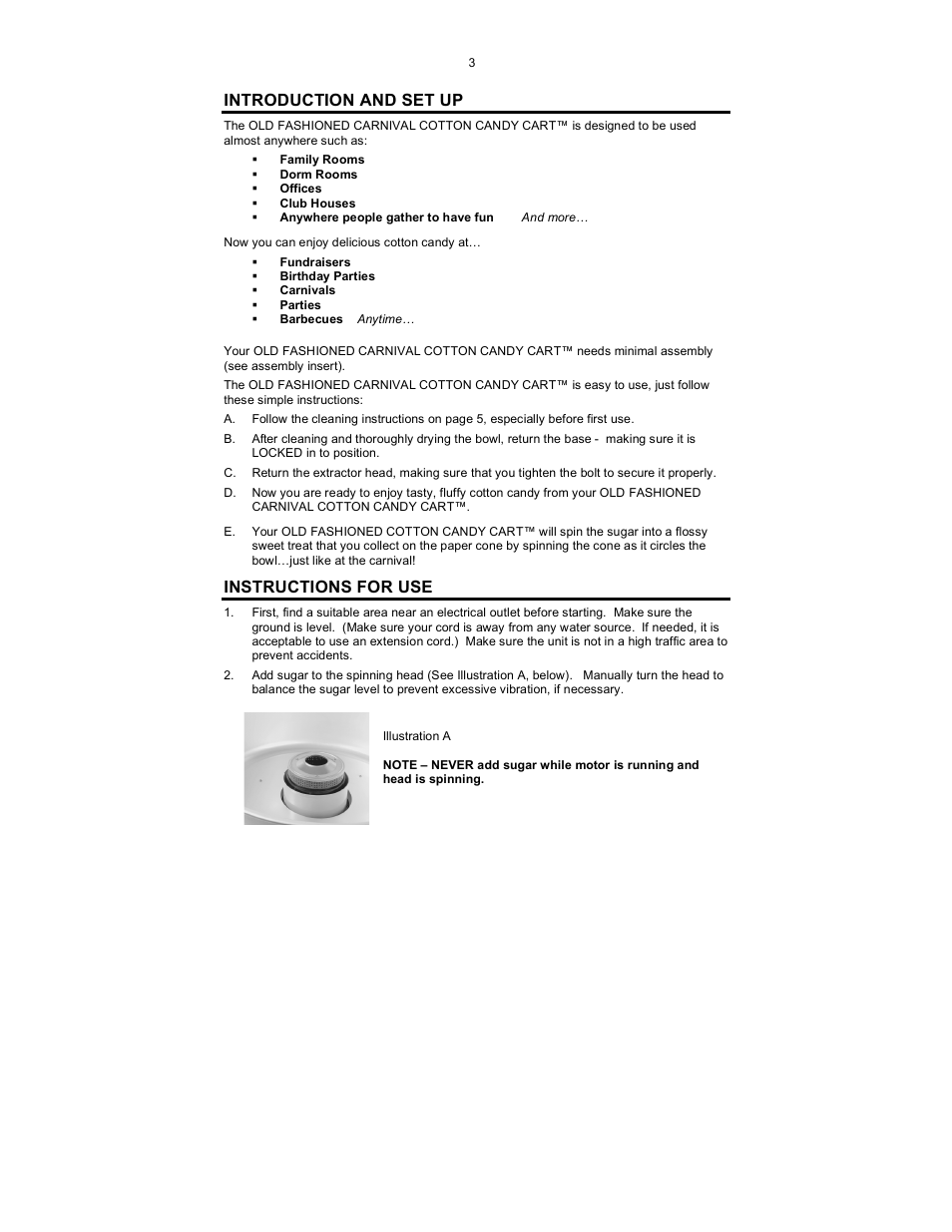 Introduction and set up, Instructions for use | Nostalgia Electrics CCM-527 User Manual | Page 4 / 8