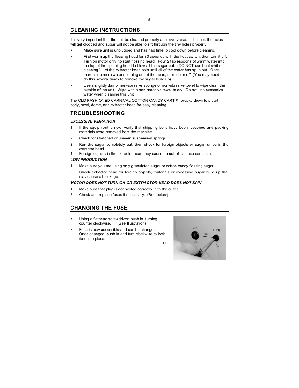 Cleaning instructions, Troubleshooting, Changing the fuse | Nostalgia Electrics CCM-527 User Manual | Page 6 / 8