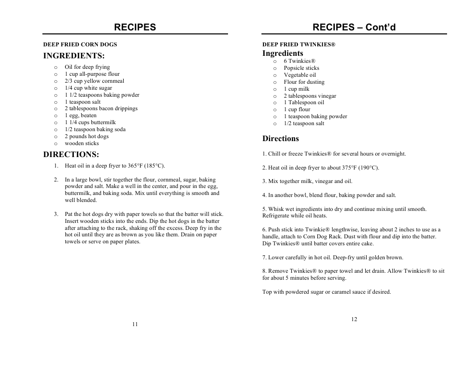 Recipes, Recipes – cont’d, Ingredients | Directions | Nostalgia Electrics CDC-596 User Manual | Page 7 / 8