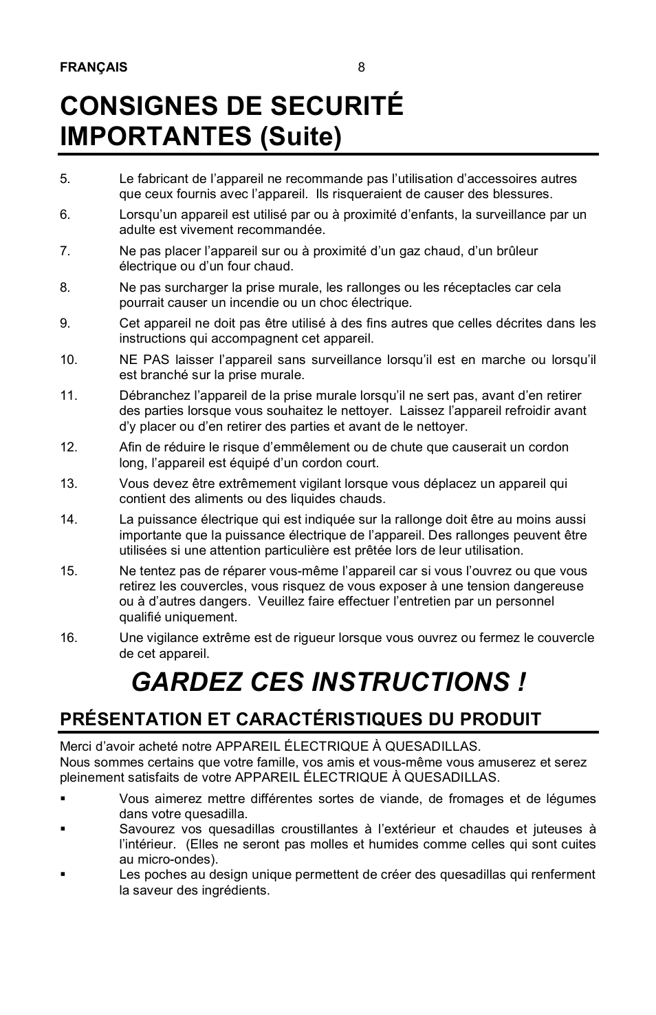 Consignes de securité importantes (suite), Gardez ces instructions, Présentation et caractéristiques du produit | Nostalgia Electrics EQM-SERIES User Manual | Page 10 / 23