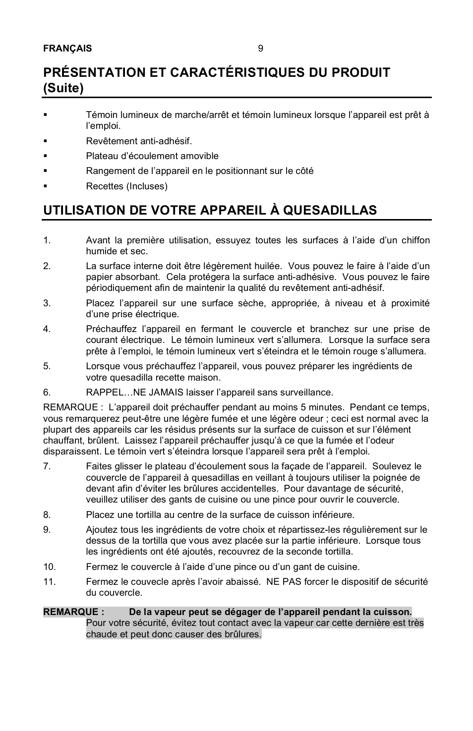 Utilisation de votre appareil à quesadillas | Nostalgia Electrics EQM-SERIES User Manual | Page 11 / 23