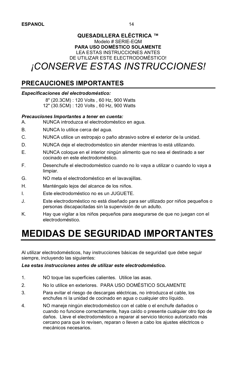 Conserve estas instrucciones, Medidas de seguridad importantes, Precauciones importantes | Quesadillera eléctrica | Nostalgia Electrics EQM-SERIES User Manual | Page 16 / 23