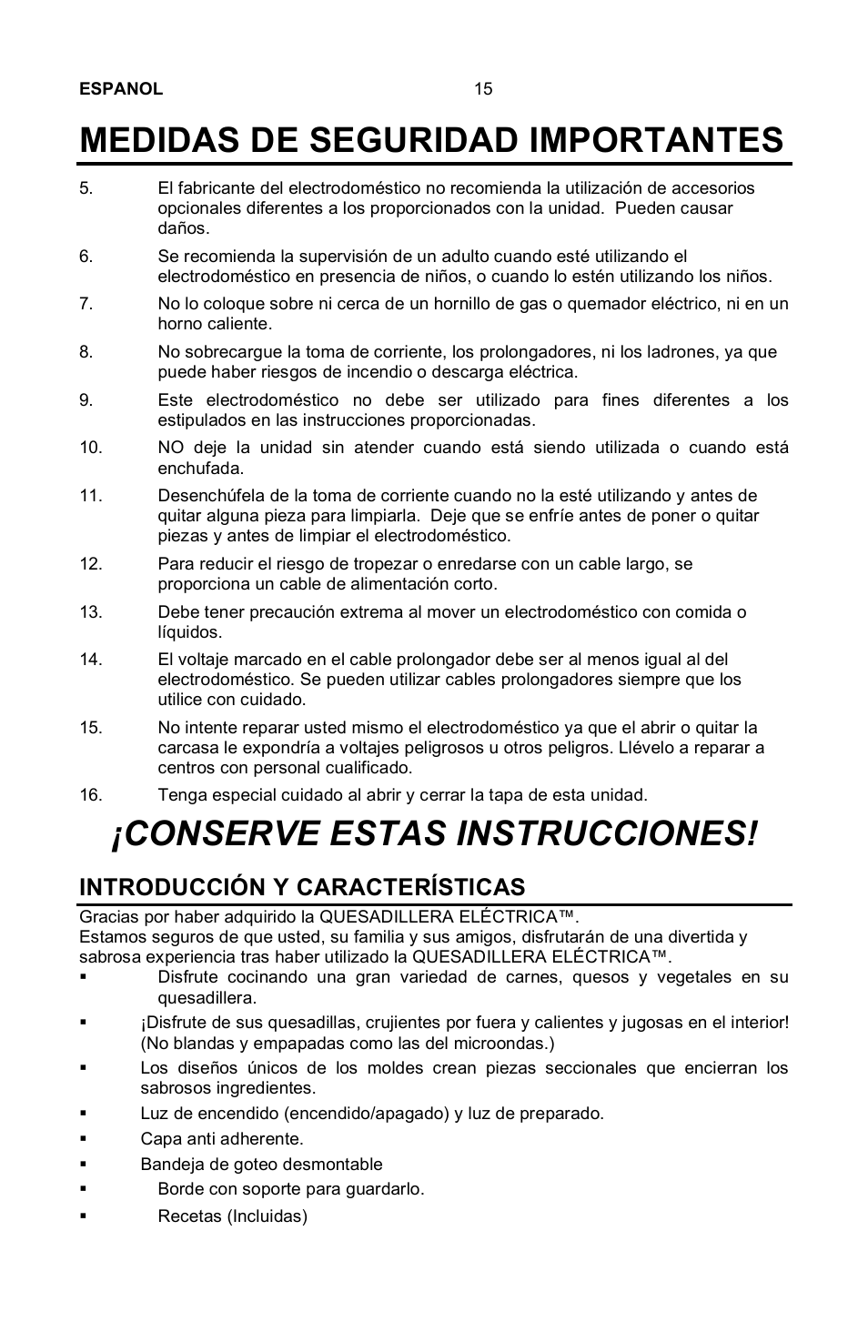 Medidas de seguridad importantes, Conserve estas instrucciones, Introducción y características | Nostalgia Electrics EQM-SERIES User Manual | Page 17 / 23