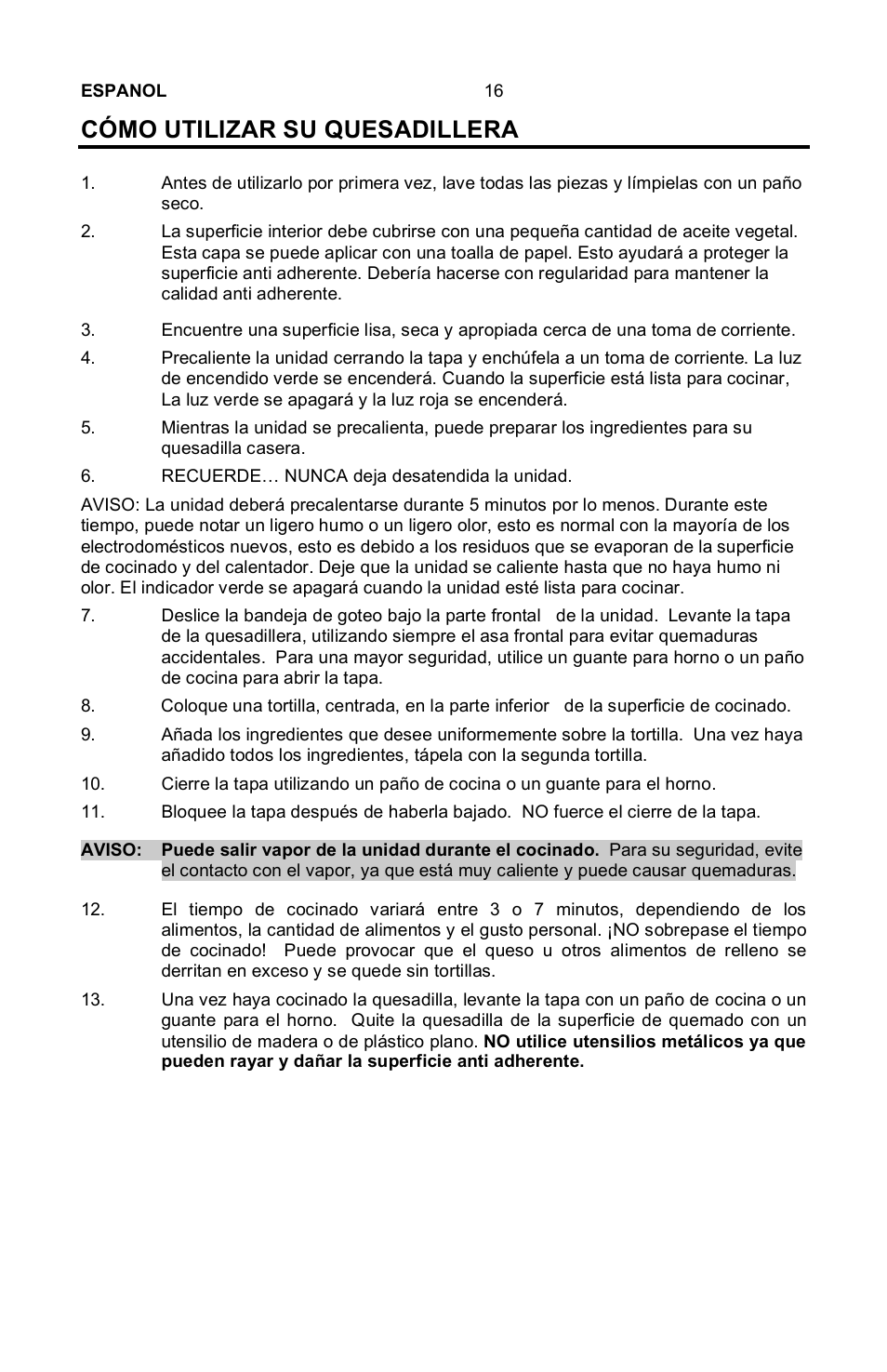 Cómo utilizar su quesadillera | Nostalgia Electrics EQM-SERIES User Manual | Page 18 / 23