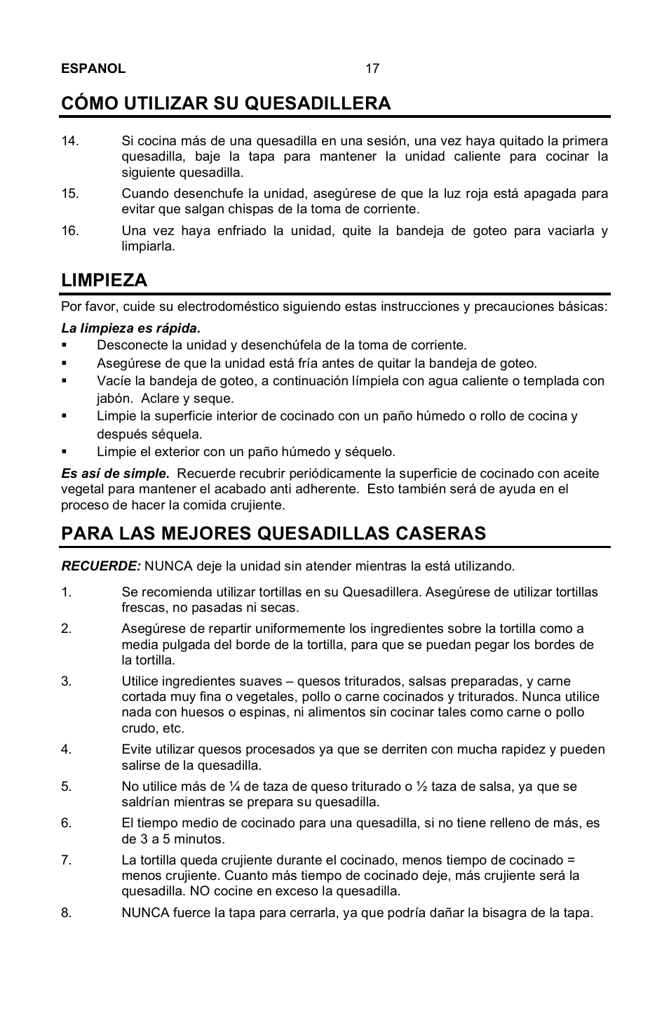 Cómo utilizar su quesadillera, Limpieza, Para las mejores quesadillas caseras | Nostalgia Electrics EQM-SERIES User Manual | Page 19 / 23