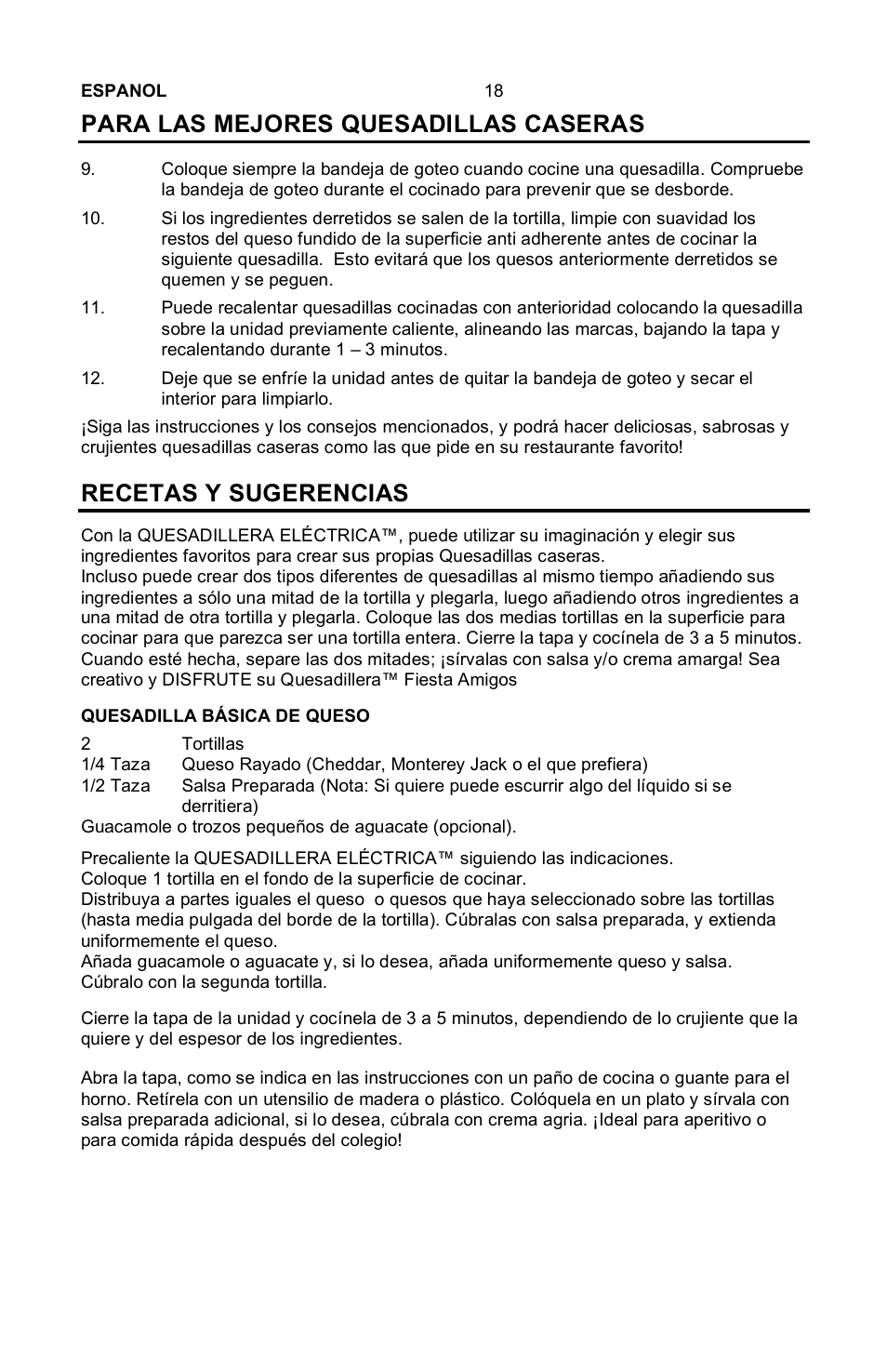 Para las mejores quesadillas caseras, Recetas y sugerencias | Nostalgia Electrics EQM-SERIES User Manual | Page 20 / 23