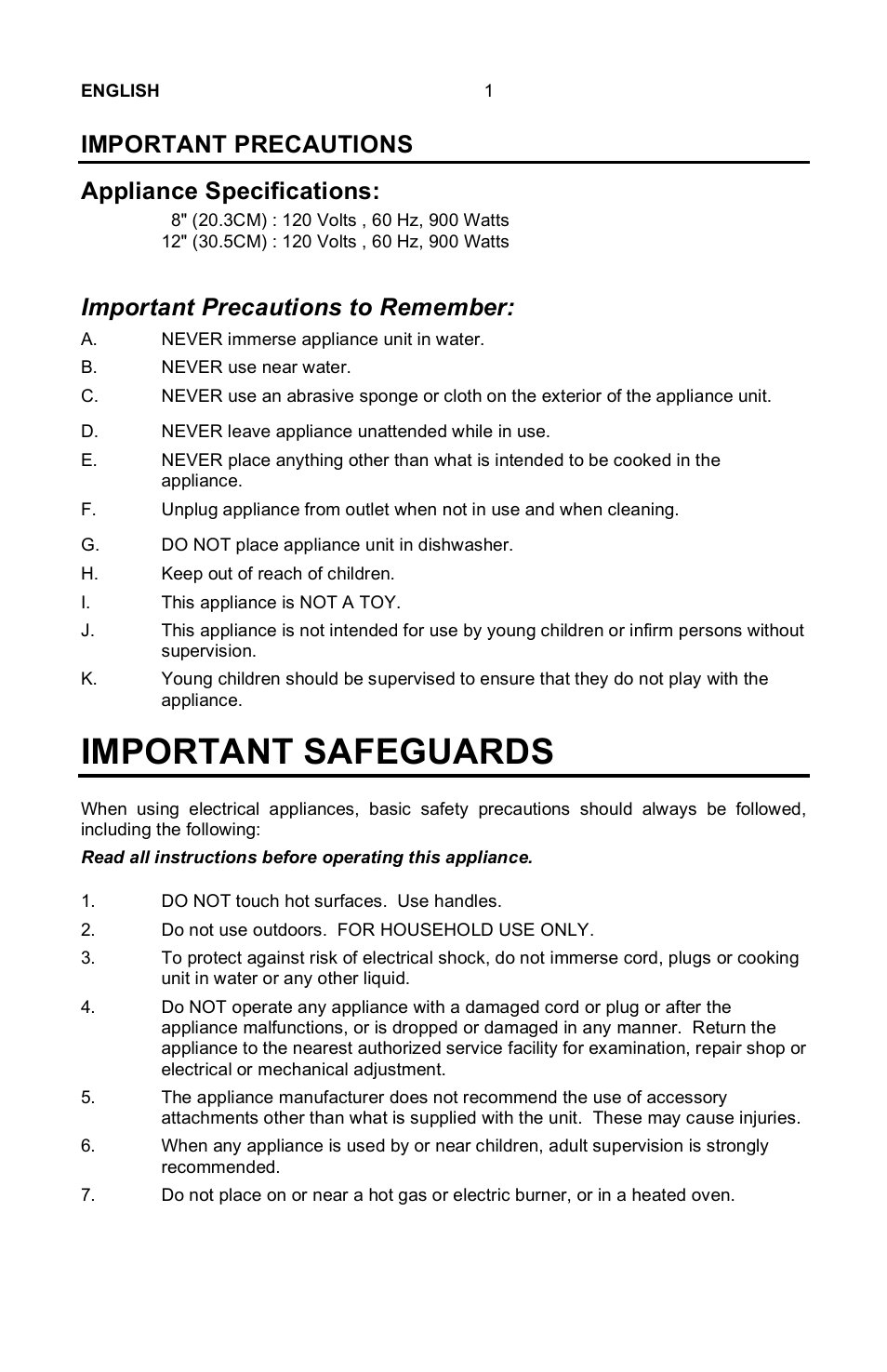 Important safeguards, Important precautions, Appliance specifications | Important precautions to remember | Nostalgia Electrics EQM-SERIES User Manual | Page 3 / 23