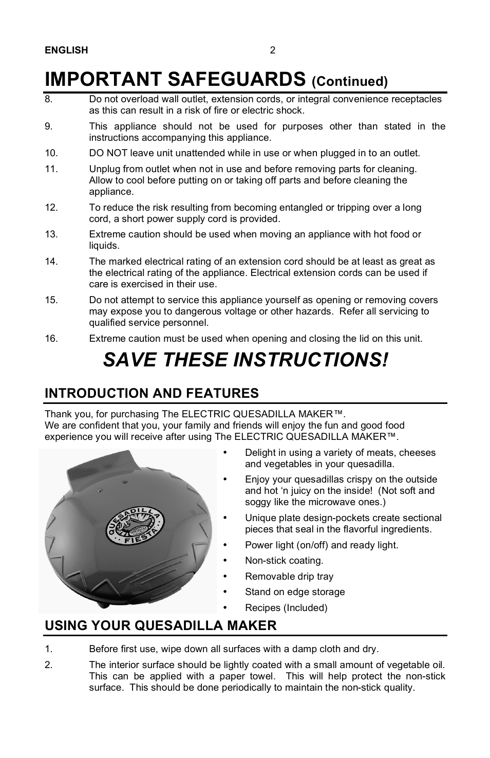 Important safeguards, Save these instructions, Continued) | Introduction and features, Using your quesadilla maker | Nostalgia Electrics EQM-SERIES User Manual | Page 4 / 23