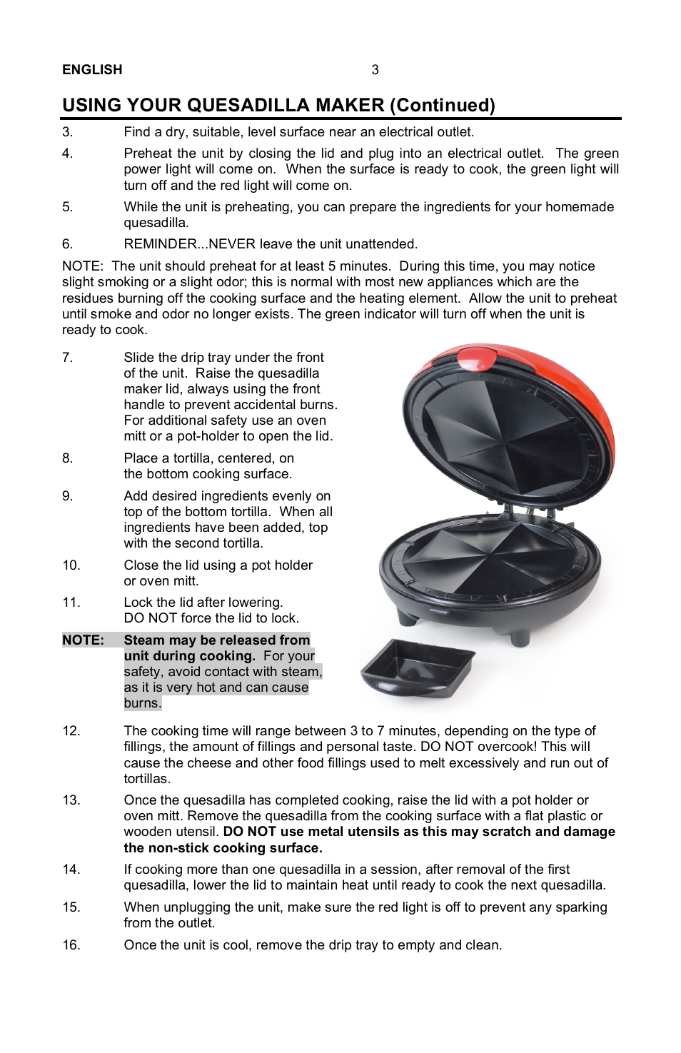 Using your quesadilla maker (continued), English 3, Reminder...never leave the unit unattended | Close the lid using a pot holder or oven mitt | Nostalgia Electrics EQM-SERIES User Manual | Page 5 / 23