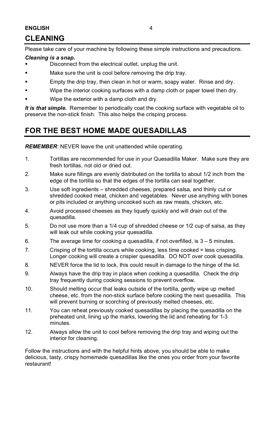 Cleaning, For the best home made quesadillas | Nostalgia Electrics EQM-SERIES User Manual | Page 6 / 23