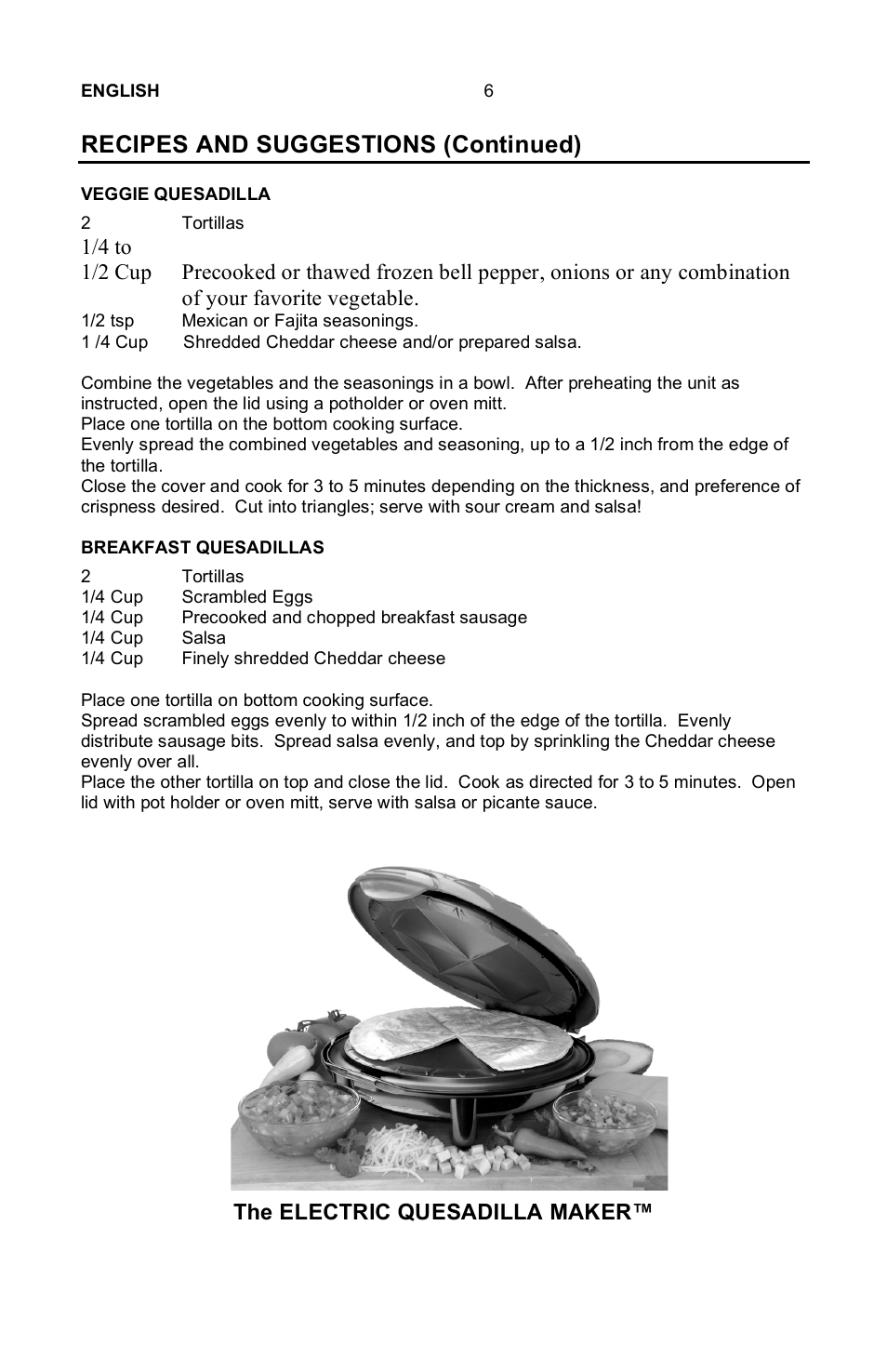Recipes and suggestions (continued), The electric quesadilla maker | Nostalgia Electrics EQM-SERIES User Manual | Page 8 / 23