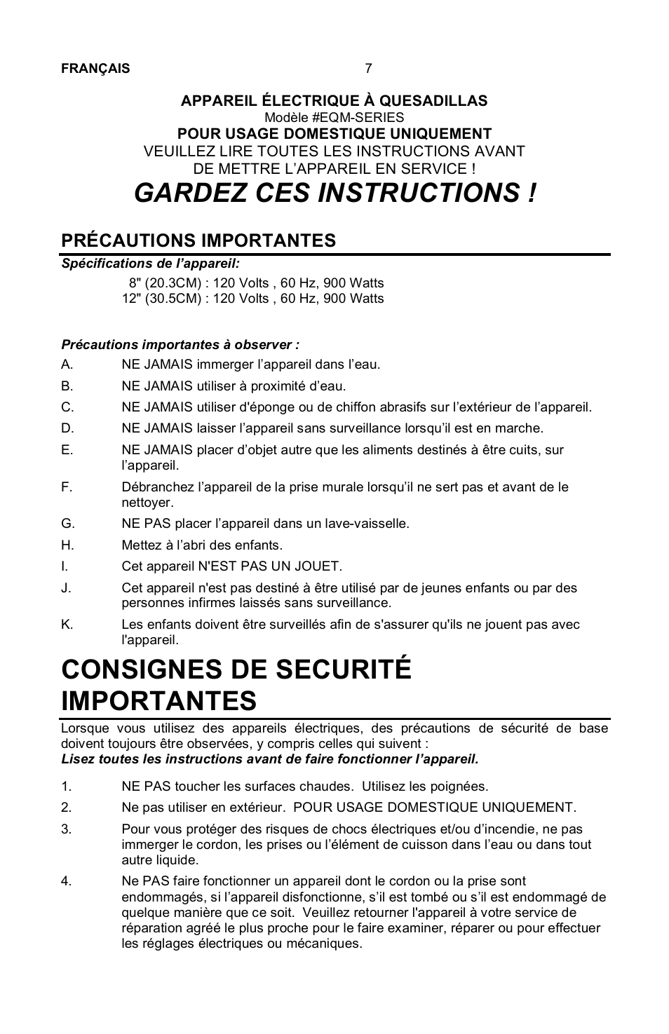 Gardez ces instructions, Consignes de securité importantes, Précautions importantes | Appareil électrique à quesadillas | Nostalgia Electrics EQM-SERIES User Manual | Page 9 / 23