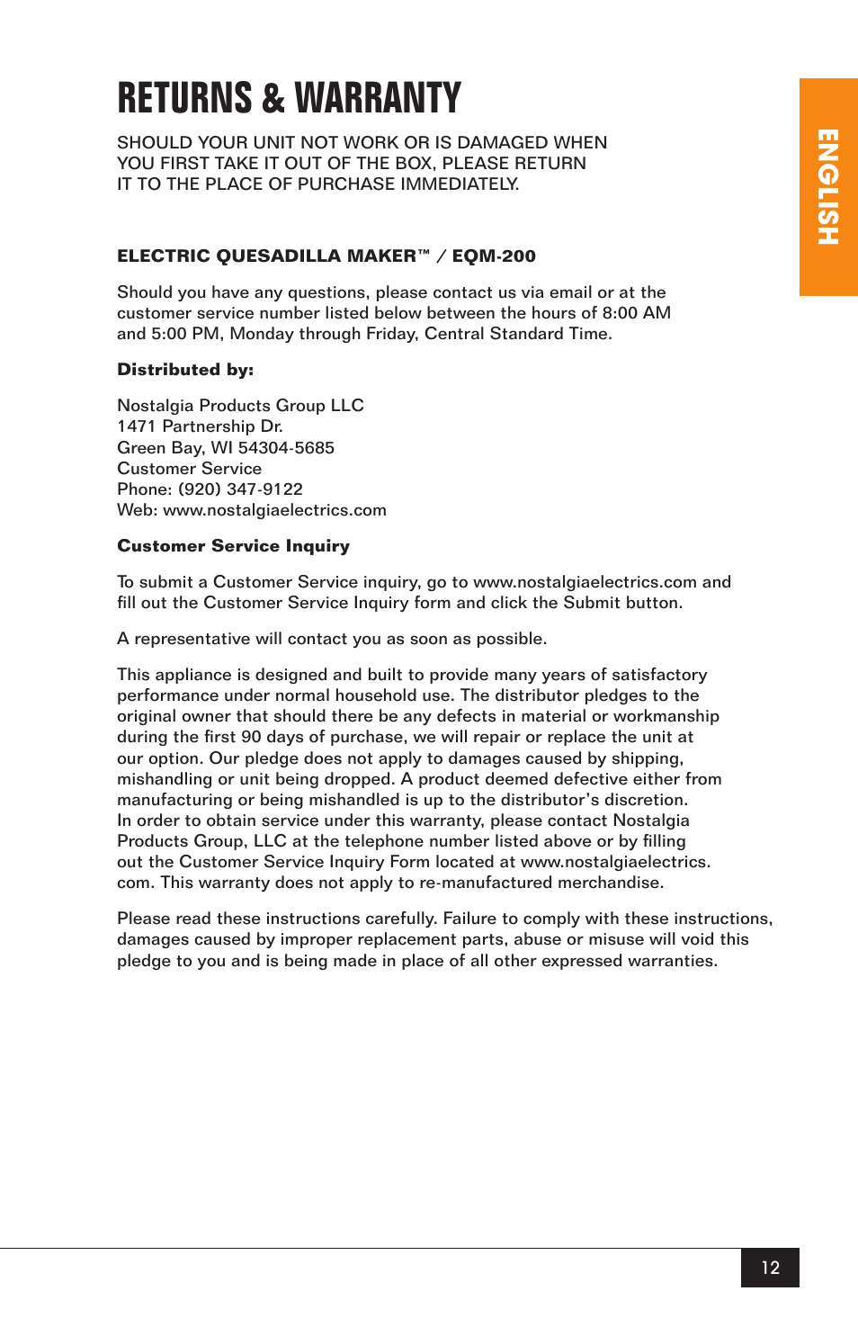 Returns & warranty, English | Nostalgia Electrics EQM-200 User Manual | Page 14 / 14