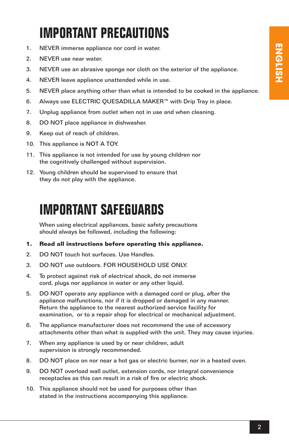 Important precautions, Important safeguards, English | Nostalgia Electrics EQM-200 User Manual | Page 4 / 14