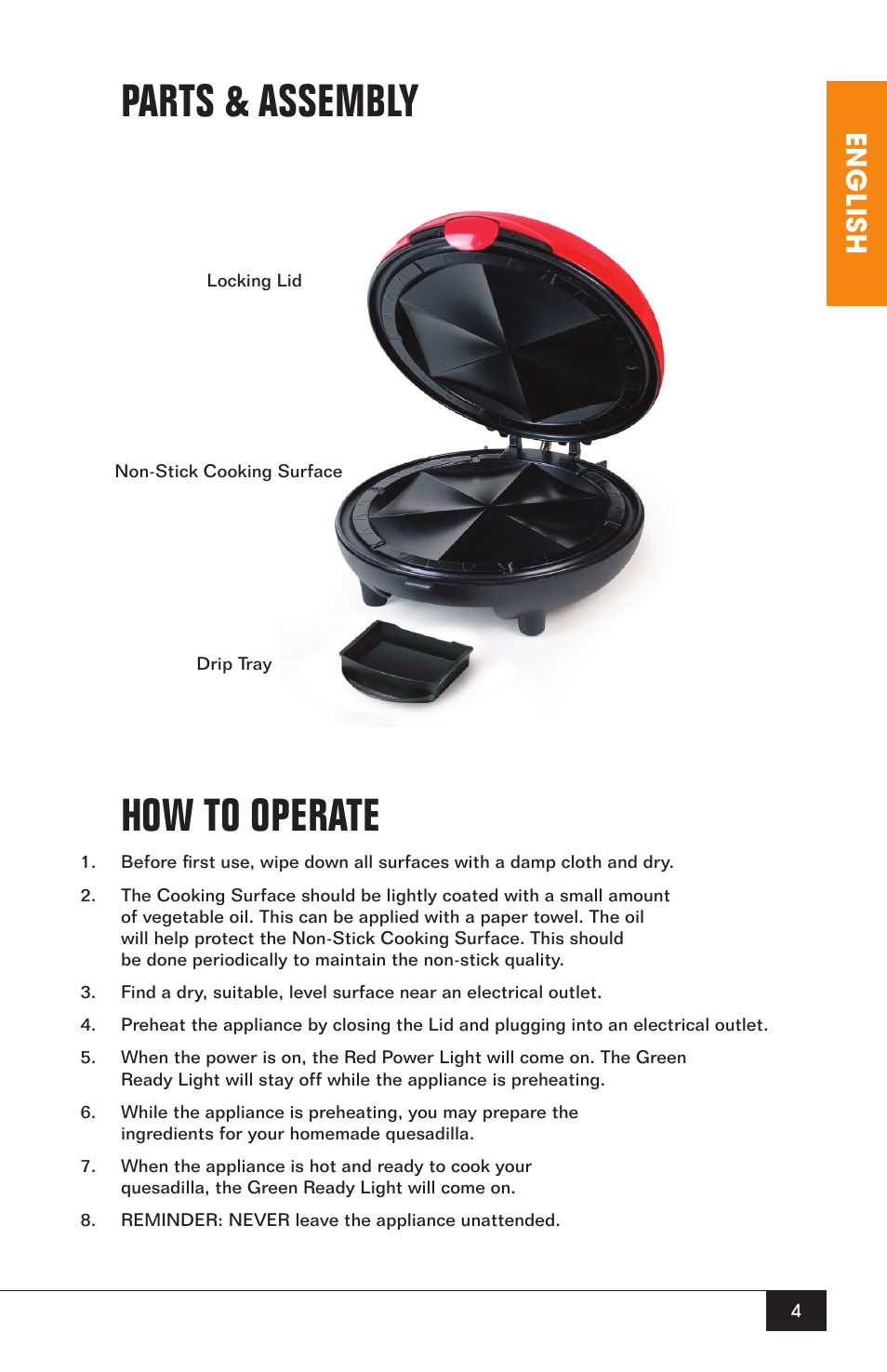 Parts & assembly how to operate, English | Nostalgia Electrics EQM-200 User Manual | Page 6 / 14