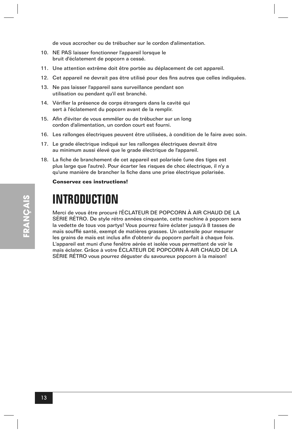 Introduction, Français | Nostalgia Electrics RETRO POPCORN MAKER RHP User Manual | Page 15 / 32