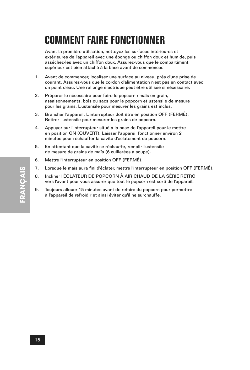 Comment faire fonctionner, Français | Nostalgia Electrics RETRO POPCORN MAKER RHP User Manual | Page 17 / 32