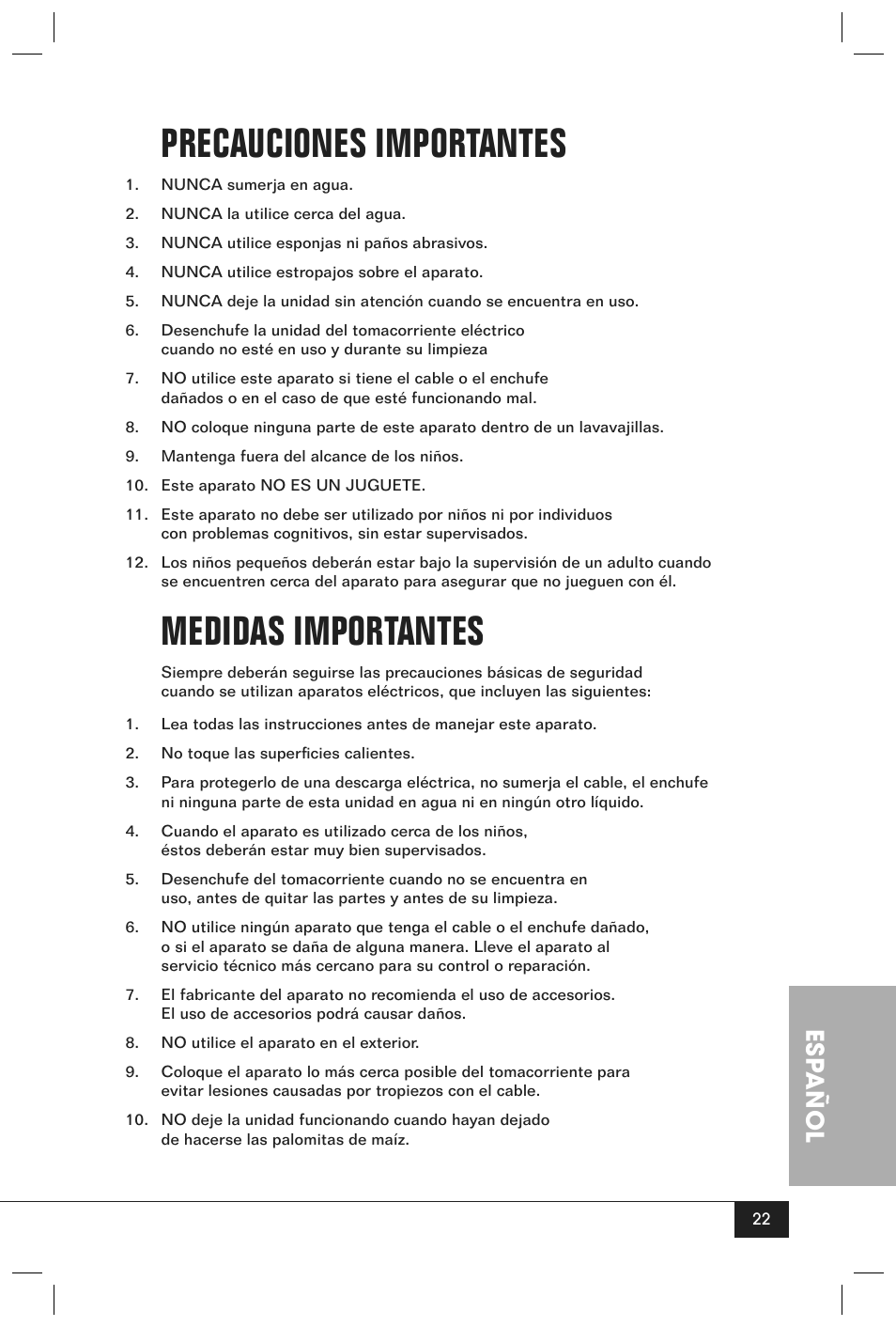 Precauciones importantes, Medidas importantes, Esp añol | Nostalgia Electrics RETRO POPCORN MAKER RHP User Manual | Page 24 / 32