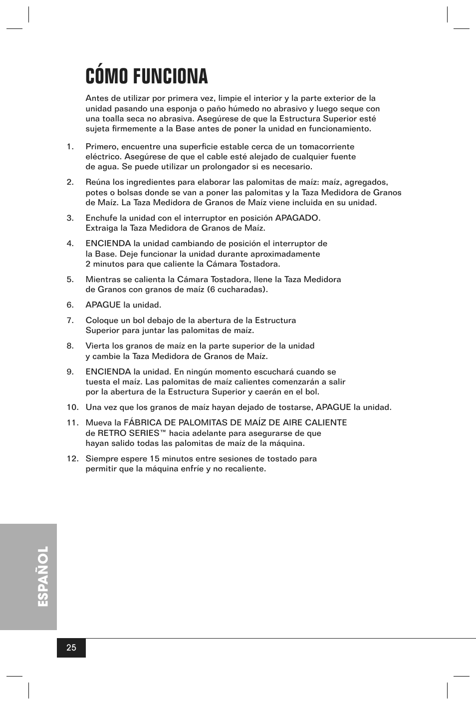 Cómo funciona, Esp añol | Nostalgia Electrics RETRO POPCORN MAKER RHP User Manual | Page 27 / 32