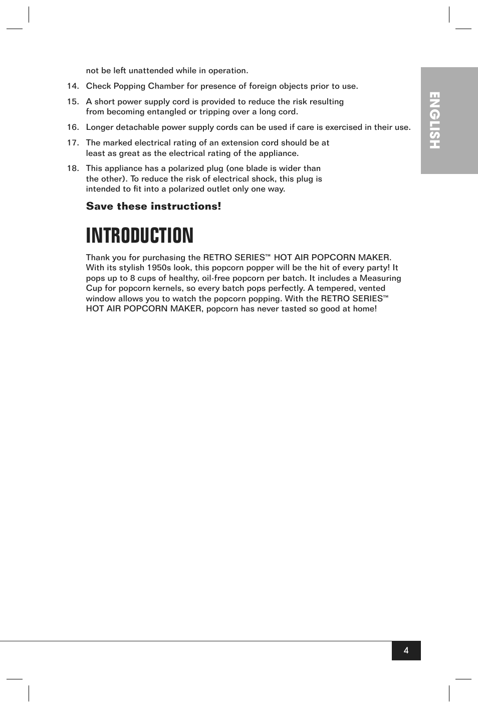 Introduction, English | Nostalgia Electrics RETRO POPCORN MAKER RHP User Manual | Page 6 / 32