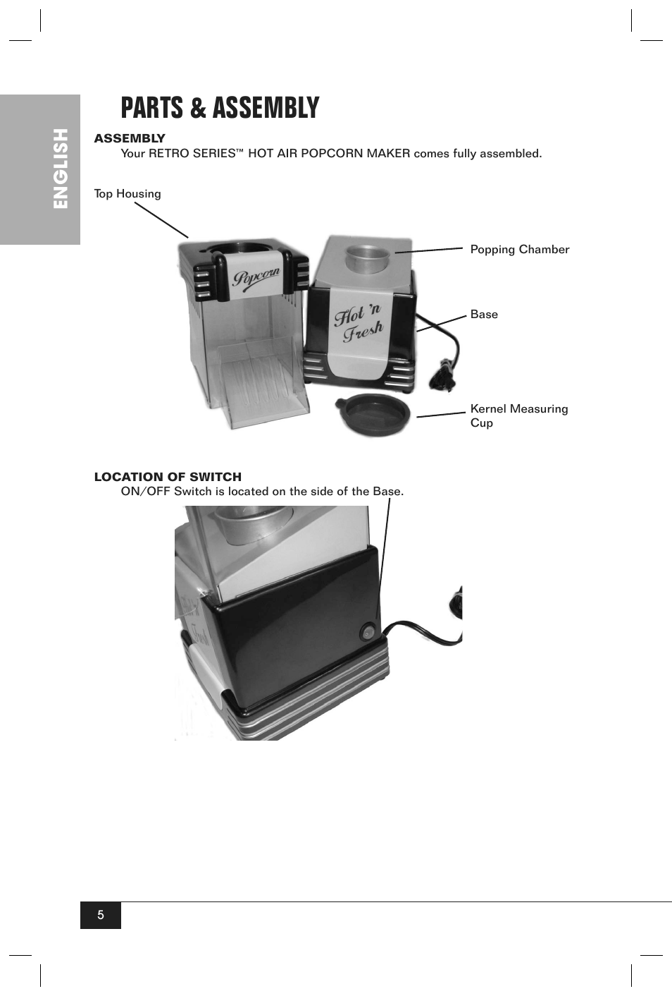 Parts & assembly, English | Nostalgia Electrics RETRO POPCORN MAKER RHP User Manual | Page 7 / 32