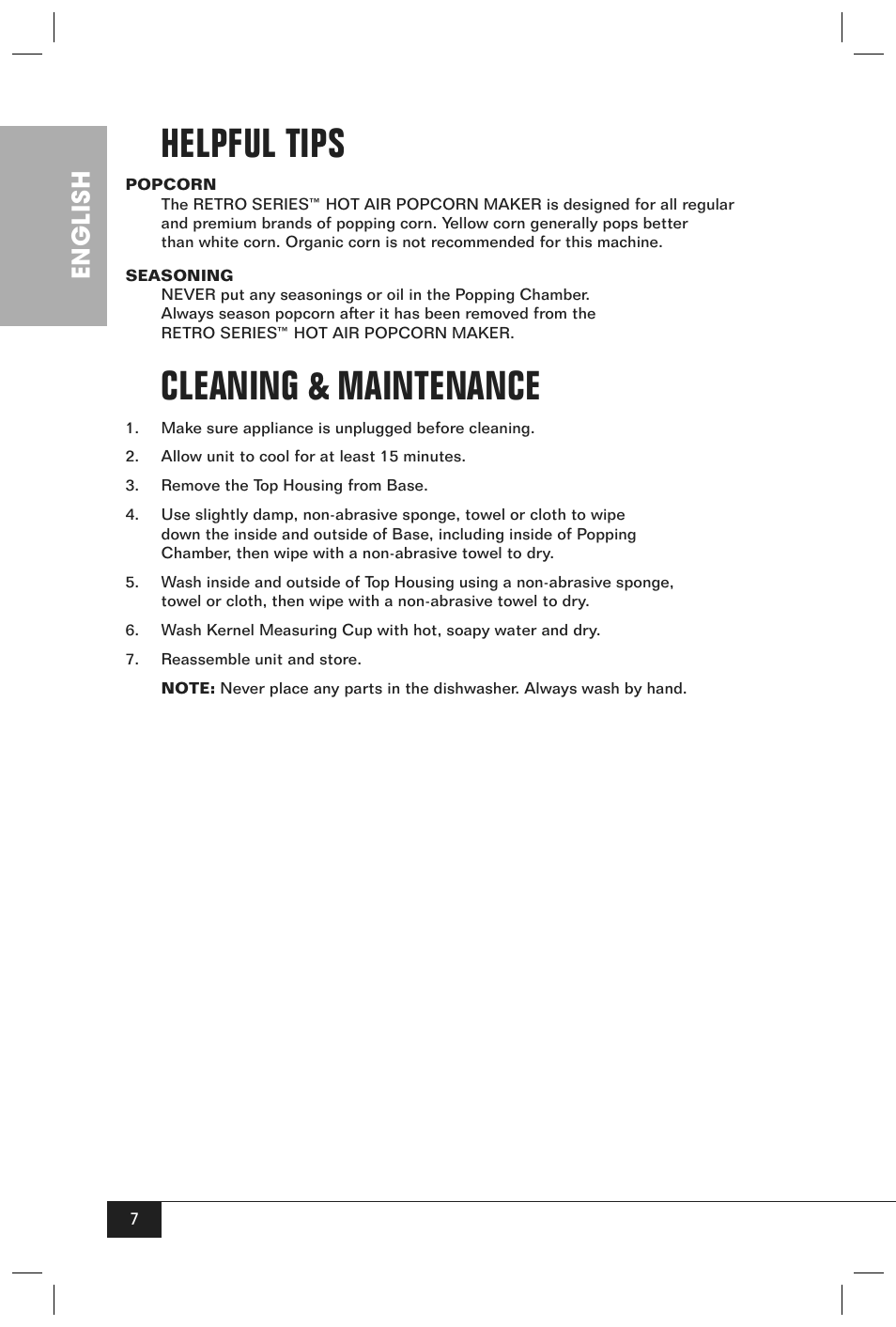 Helpful tips, Cleaning & maintenance, English | Nostalgia Electrics RETRO POPCORN MAKER RHP User Manual | Page 9 / 32