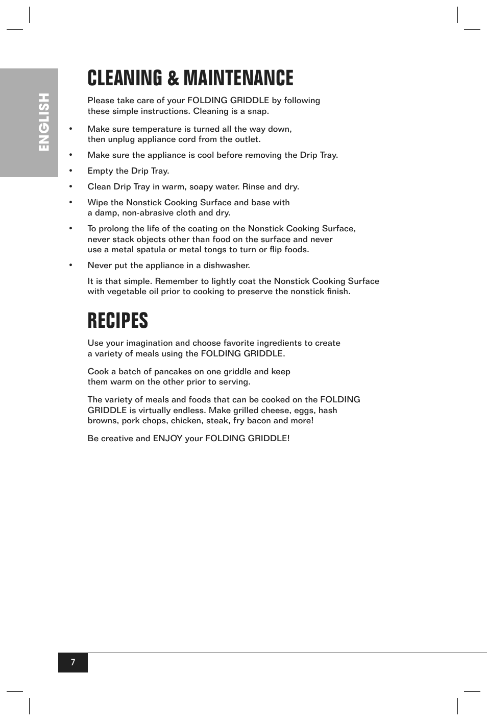 Cleaning & maintenance, Recipes, English | Nostalgia Electrics FG100 User Manual | Page 9 / 12
