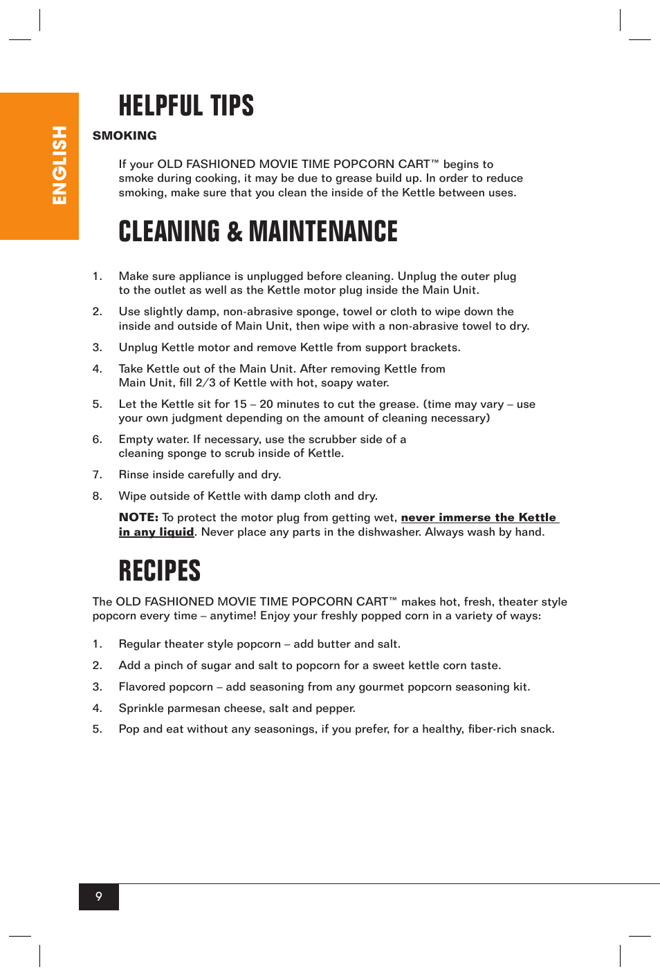 Helpful tips, Cleaning & maintenance, Recipes | English | Nostalgia Electrics Vintage CCP-200 User Manual | Page 11 / 12