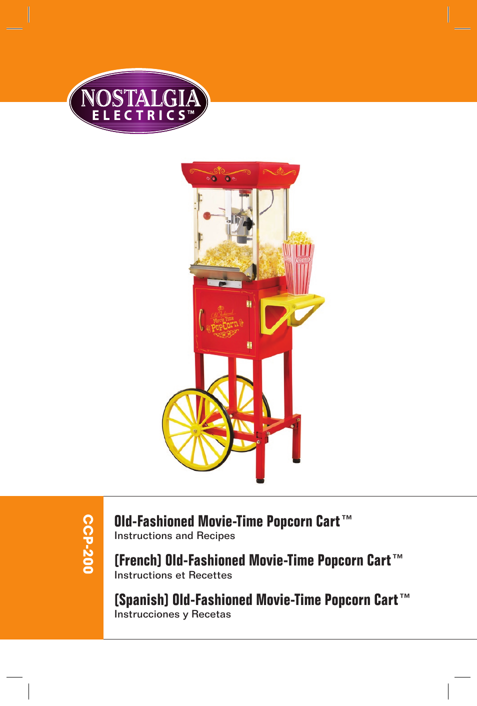 Old-fashioned movie-time popcorn cart, French) old-fashioned movie-time popcorn cart, Spanish) old-fashioned movie-time popcorn cart | Nostalgia Electrics Vintage CCP-200 User Manual | Page 2 / 12