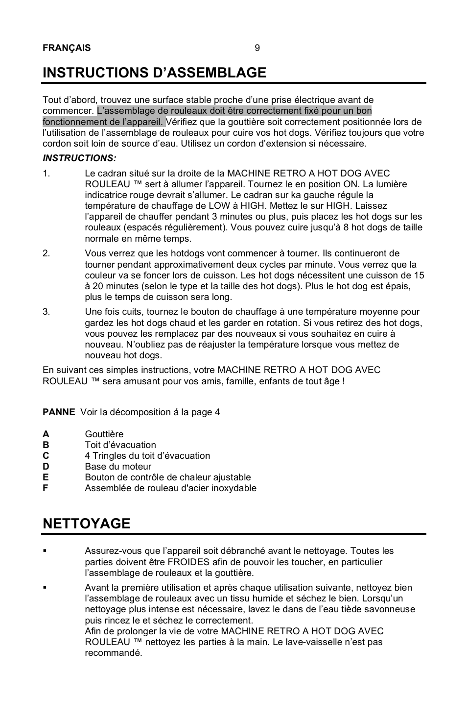 Instructions d’assemblage, Nettoyage | Nostalgia Electrics Retro RHD-400 User Manual | Page 10 / 18