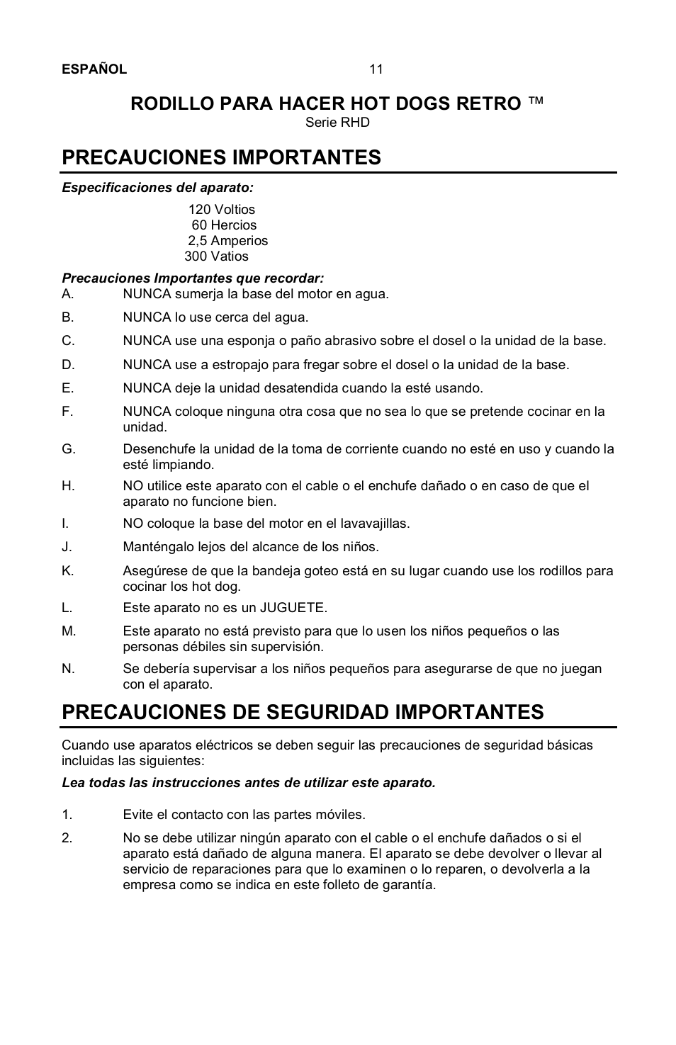 Precauciones importantes, Precauciones de seguridad importantes, Rodillo para hacer hot dogs retro | Nostalgia Electrics Retro RHD-400 User Manual | Page 12 / 18