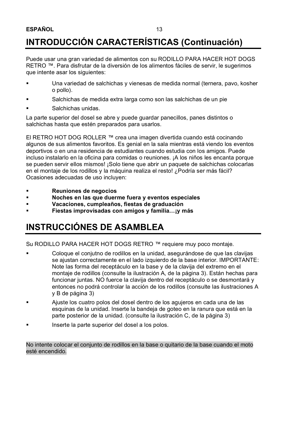 Introducción características (continuación), Instrucciónes de asamblea | Nostalgia Electrics Retro RHD-400 User Manual | Page 14 / 18