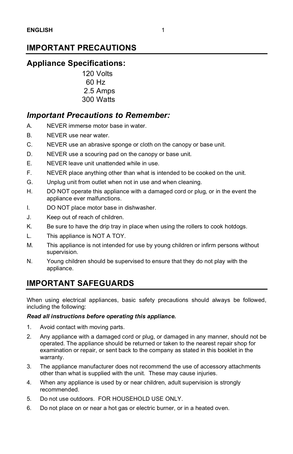 Important precautions, Appliance specifications, Important precautions to remember | Important safeguards | Nostalgia Electrics Retro RHD-400 User Manual | Page 2 / 18